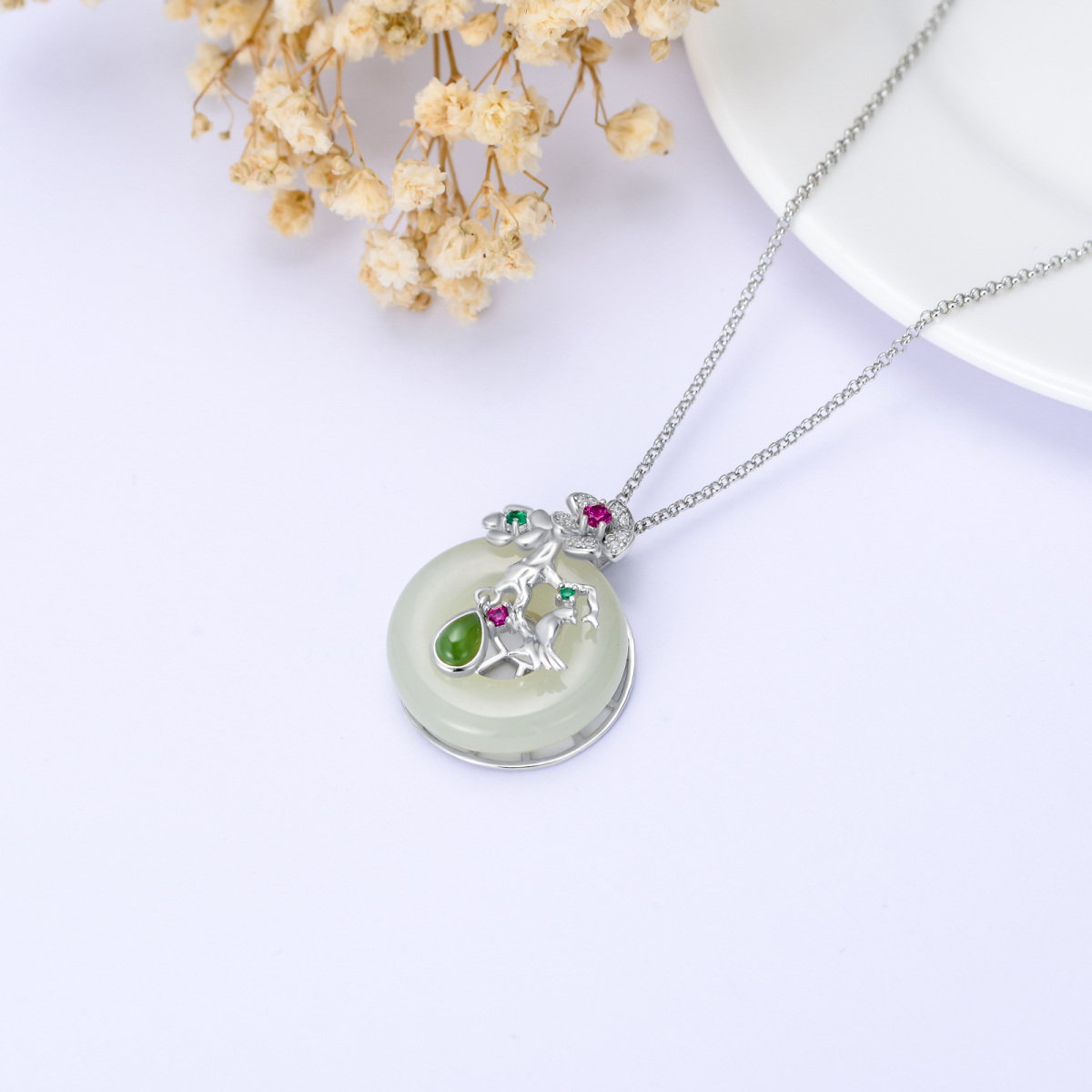 Sterling Silver Jade Round Pendant Necklace-6