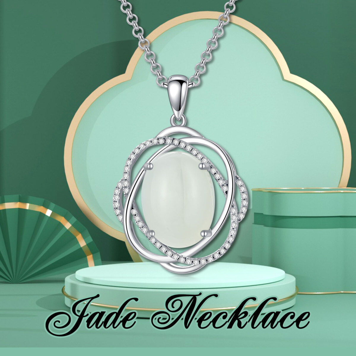 Sterling Silver Cubic Zirconia & Jade Pendant Necklace-6