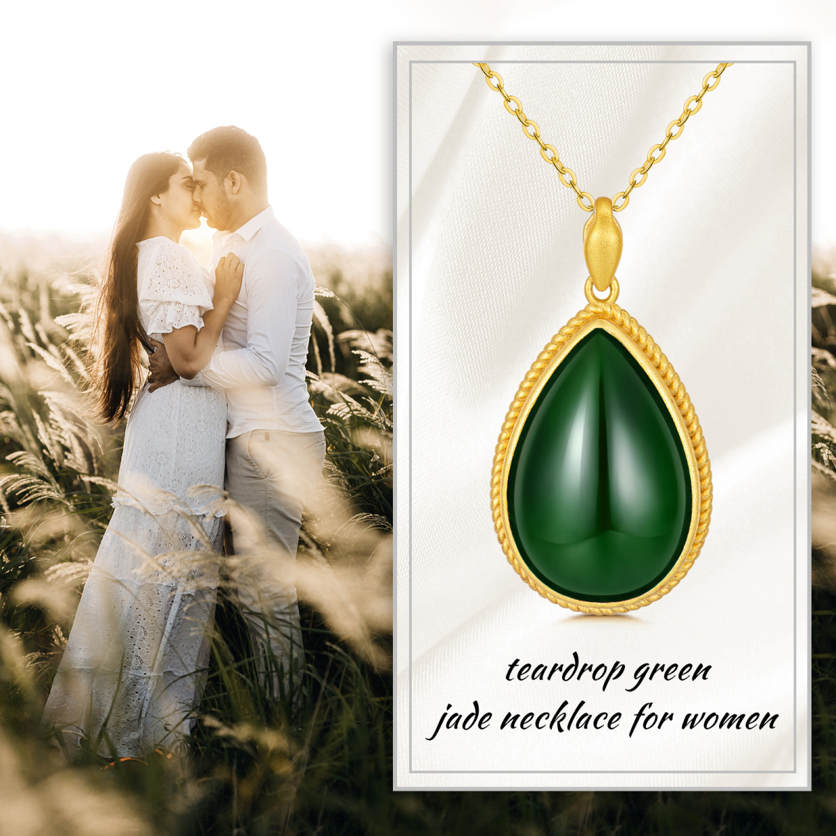 Sterling Silver with Yellow Gold Plated Jade Drop Shape Pendant Necklace-4