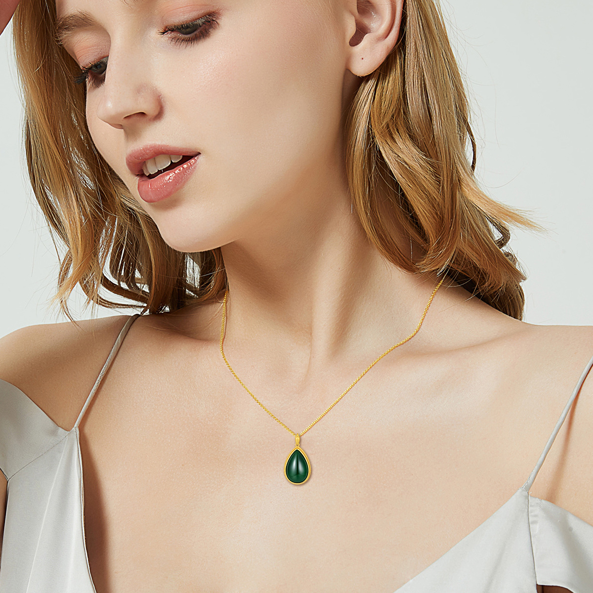 Sterling Silver with Yellow Gold Plated Jade Drop Shape Pendant Necklace-2