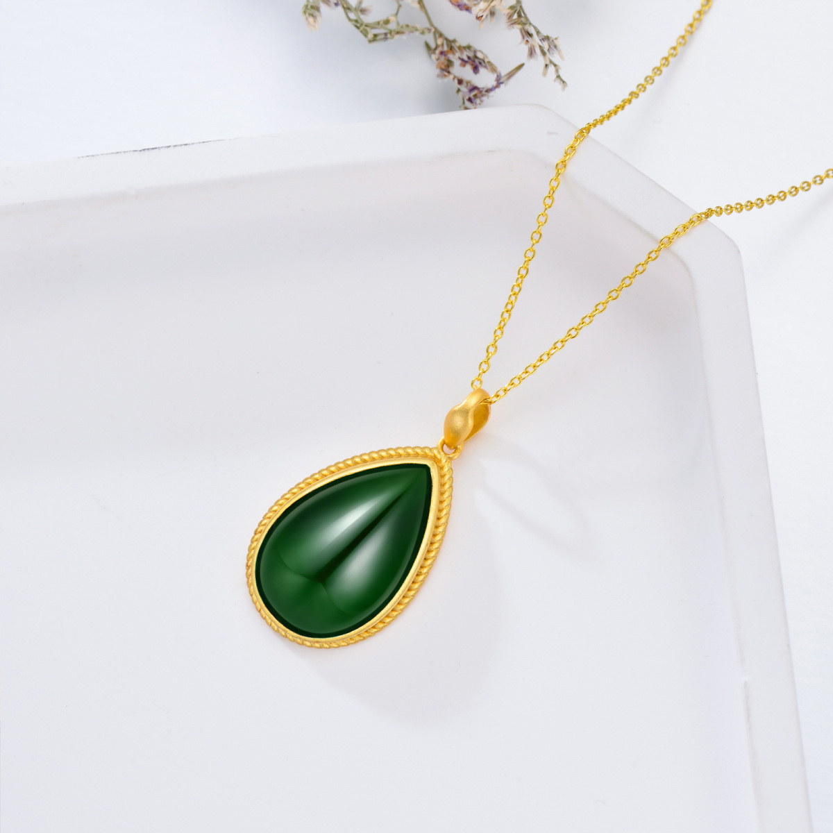 Sterling Silver with Yellow Gold Plated Jade Drop Shape Pendant Necklace-6