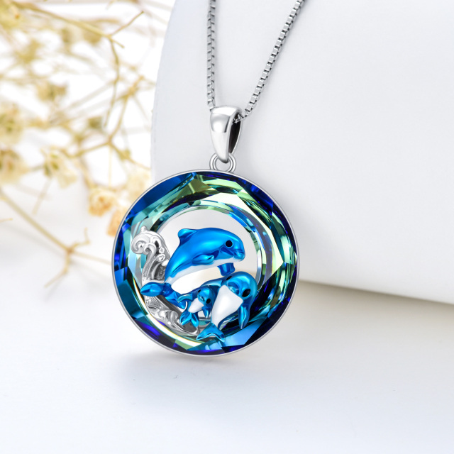 Sterling Silver Circular Shaped Dolphin Crystal Pendant Necklace-2