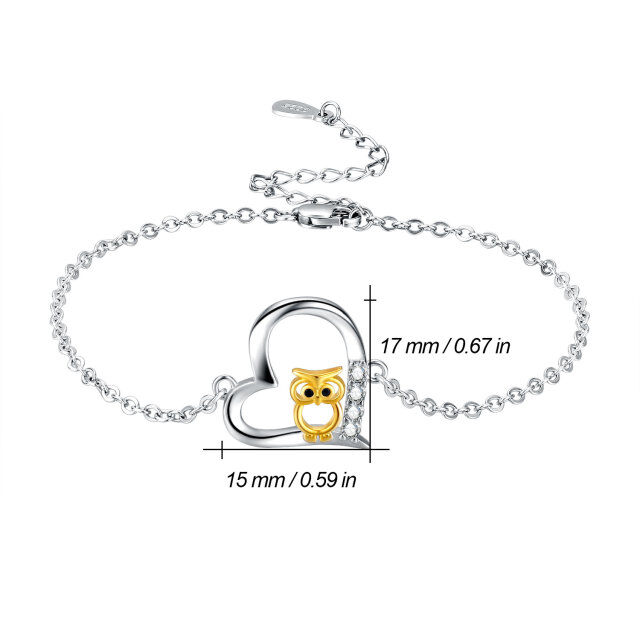 Bracelet en argent sterling bicolore avec pendentif hibou et coeur en zircone cubique-5