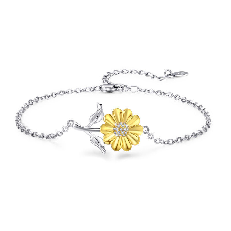 Sterling Silver Two-tone Cubic Zirconia Sunflower Pendant Bracelet for Women Girls