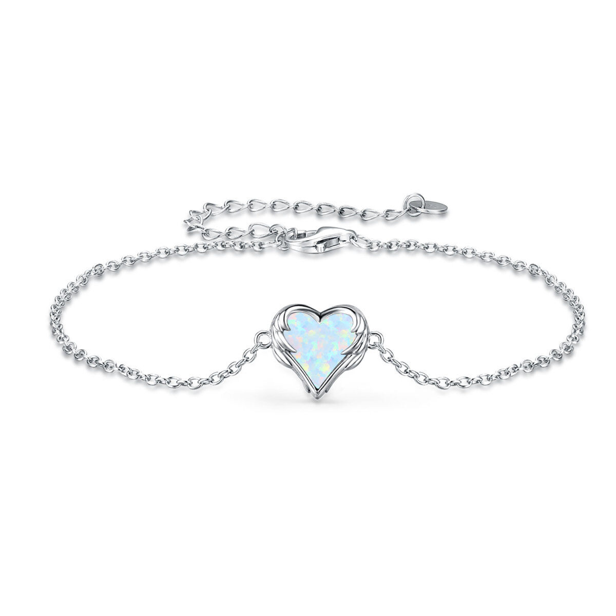 Sterling Silver Heart Shaped Opal Angel Wing & Heart Pendant Bracelet-1