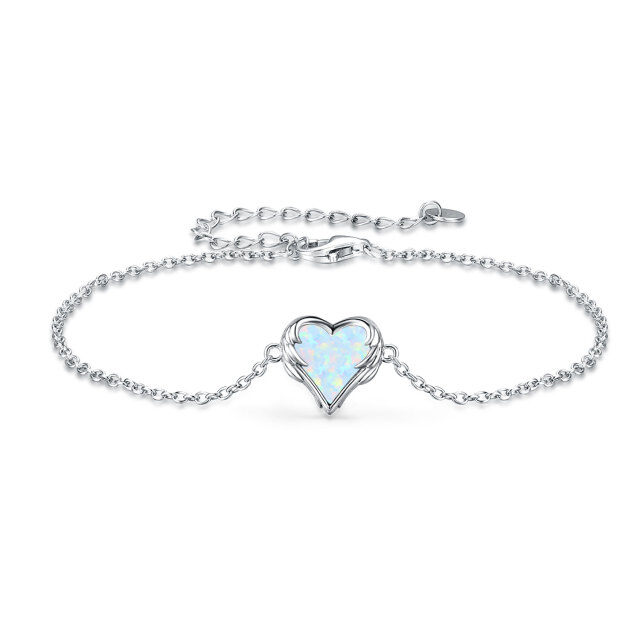 Sterling Silver Heart Shaped Opal Angel Wing & Heart Pendant Bracelet-0
