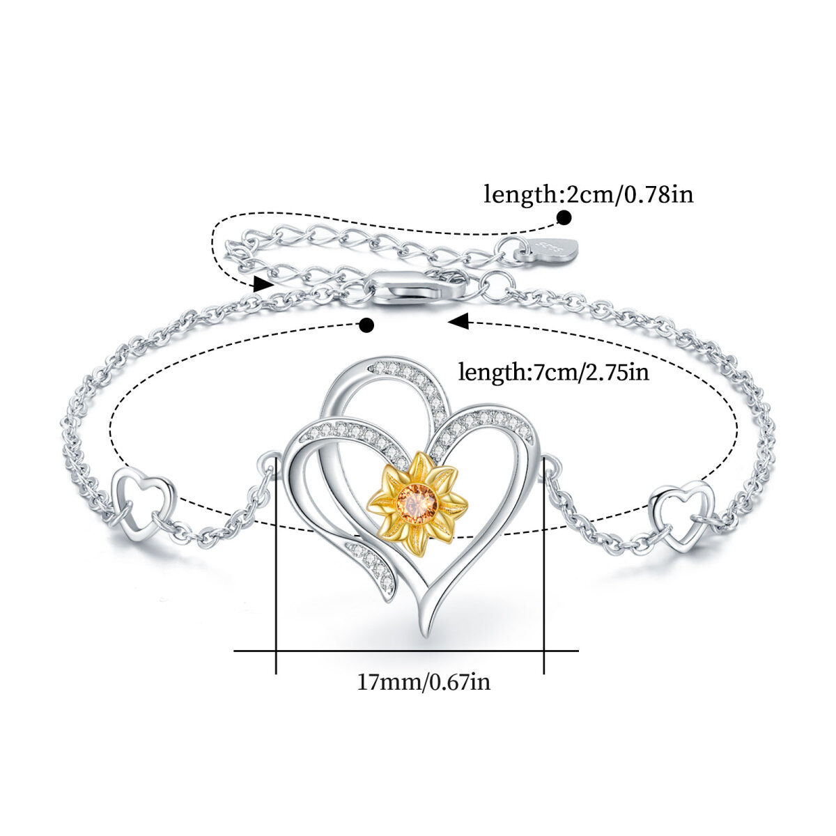 Sterling Silver Two-tone Circular Shaped Cubic Zirconia Sunflower & Heart Pendant Bracelet-4