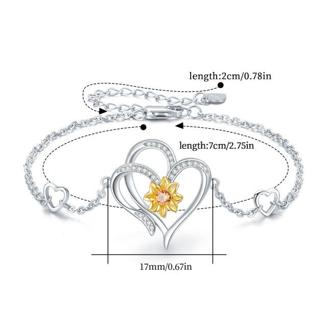 Sterling Silver Two-tone Circular Shaped Cubic Zirconia Sunflower & Heart Pendant Bracelet-3