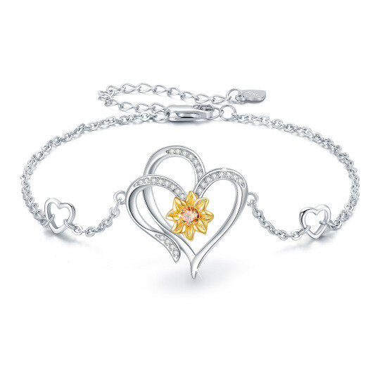 Sterling Silver Two-tone Circular Shaped Cubic Zirconia Sunflower & Heart Pendant Bracelet