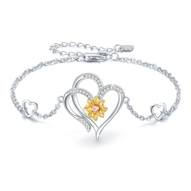 Sterling Silver Two-tone Circular Shaped Cubic Zirconia Sunflower & Heart Pendant Bracelet-0