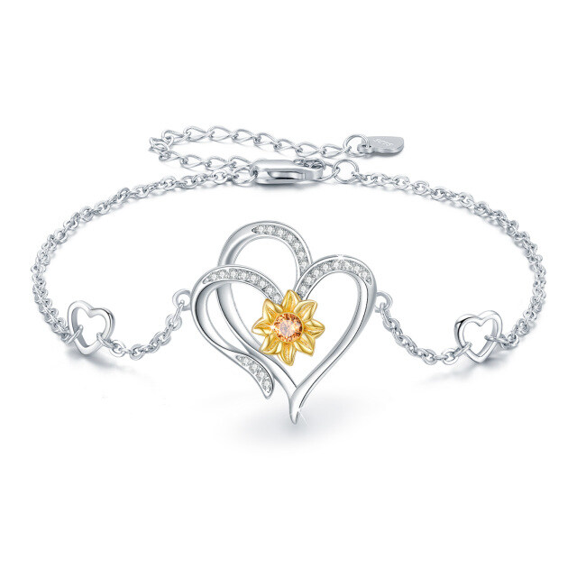 Sterling Silber zweifarbig kreisförmig Cubic Zirkonia Sonnenblume & Herz Anhänger Armband-0