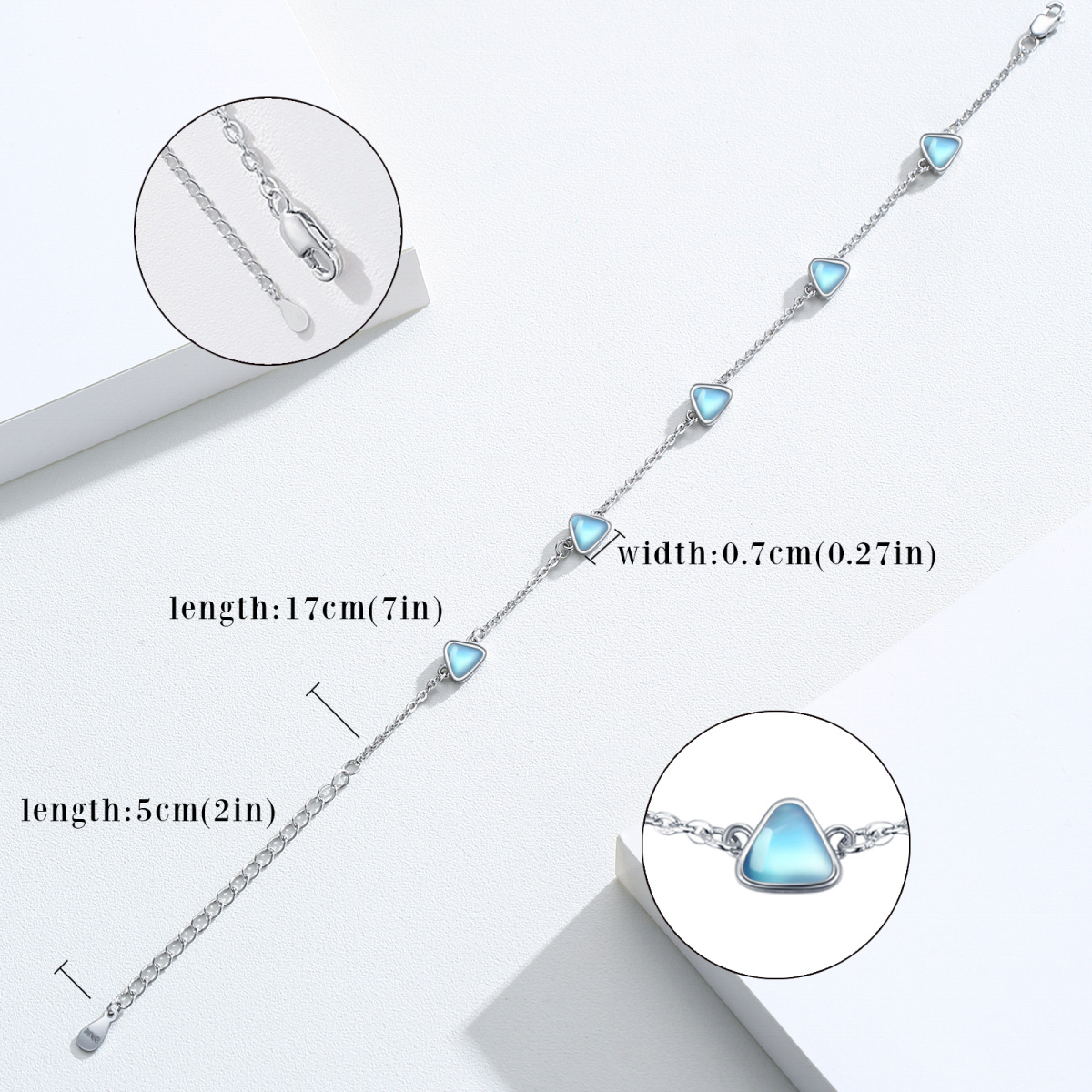 Bracelet chaîne de station de perles triangulaires en pierre de lune en argent sterling-4