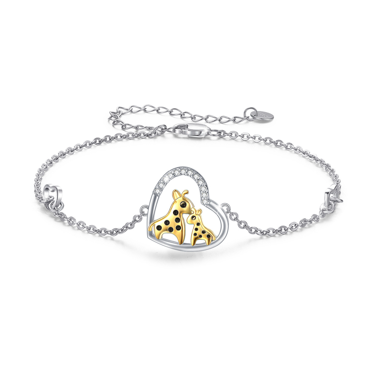 Sterling Silver Two-tone Heart Shaped Cubic Zirconia Giraffe Pendant Bracelet-1