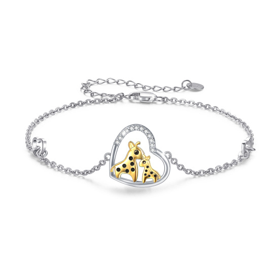 Sterling Silver Two-tone Heart Shaped Cubic Zirconia Giraffe Pendant Bracelet