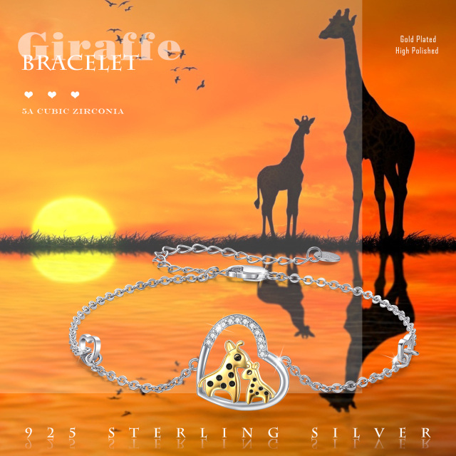 Bracciale con pendente giraffa in argento sterling bicolore a forma di cuore con zirconi cubici-6