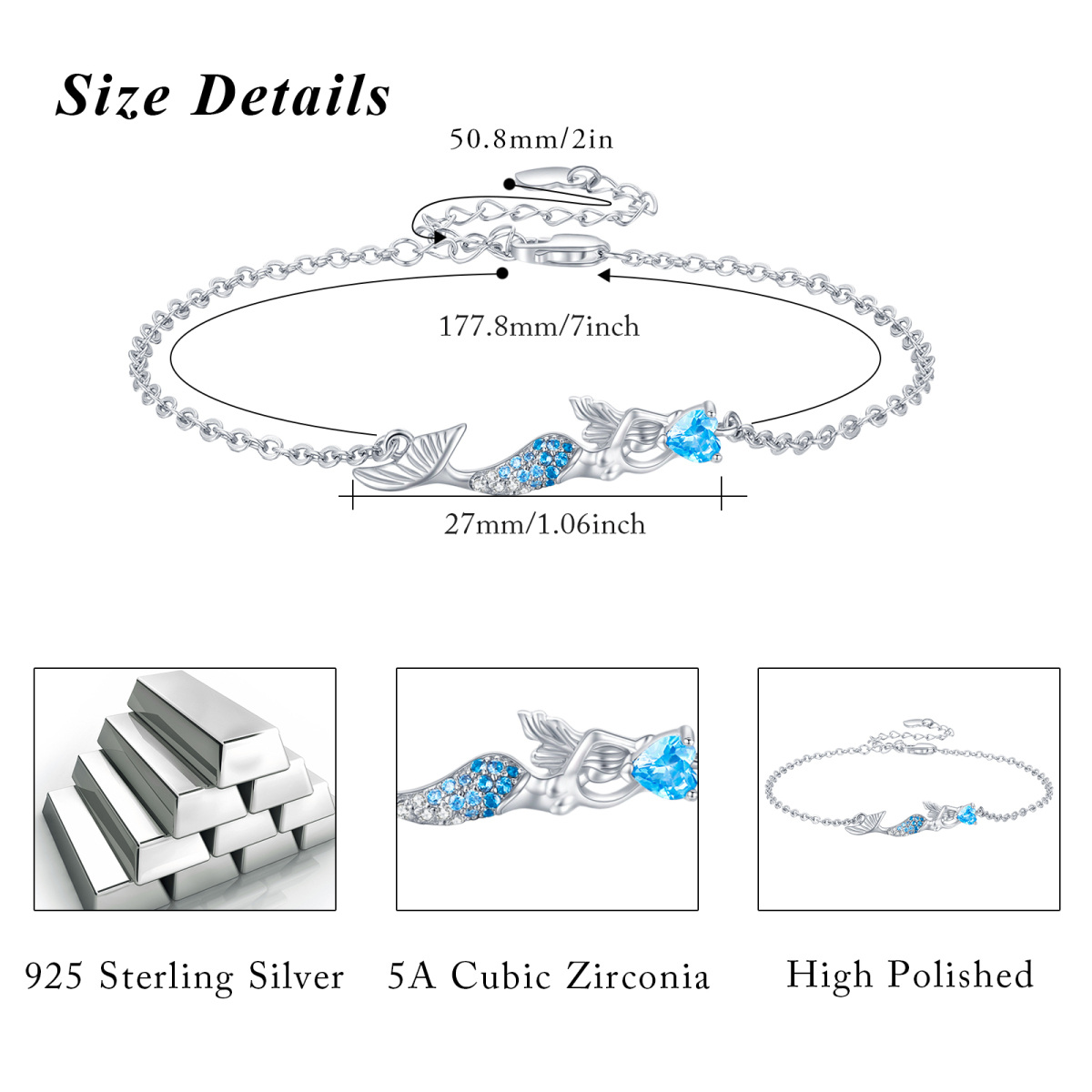 Sterling Silver Cubic Zirconia Mermaid Pendant Bracelet-7