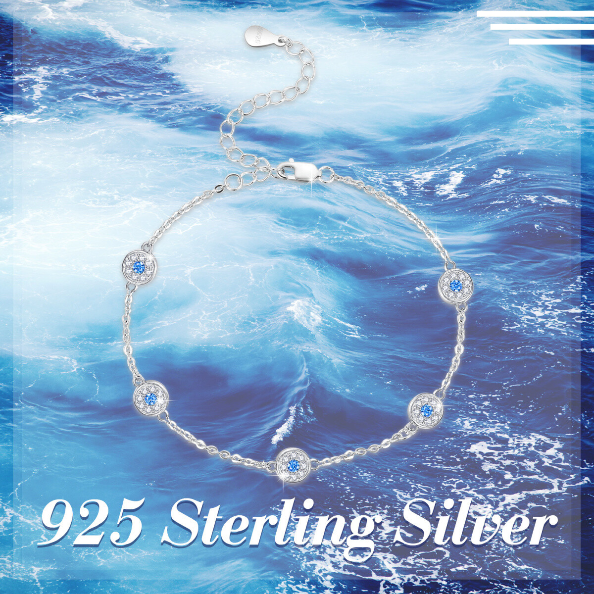 Sterling Silver Circular Shaped Cubic Zirconia Evil Eye Bead Station Chain Bracelet-5