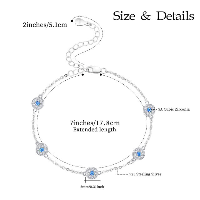 Sterling Silver Circular Shaped Cubic Zirconia Evil Eye Bead Station Chain Bracelet-3