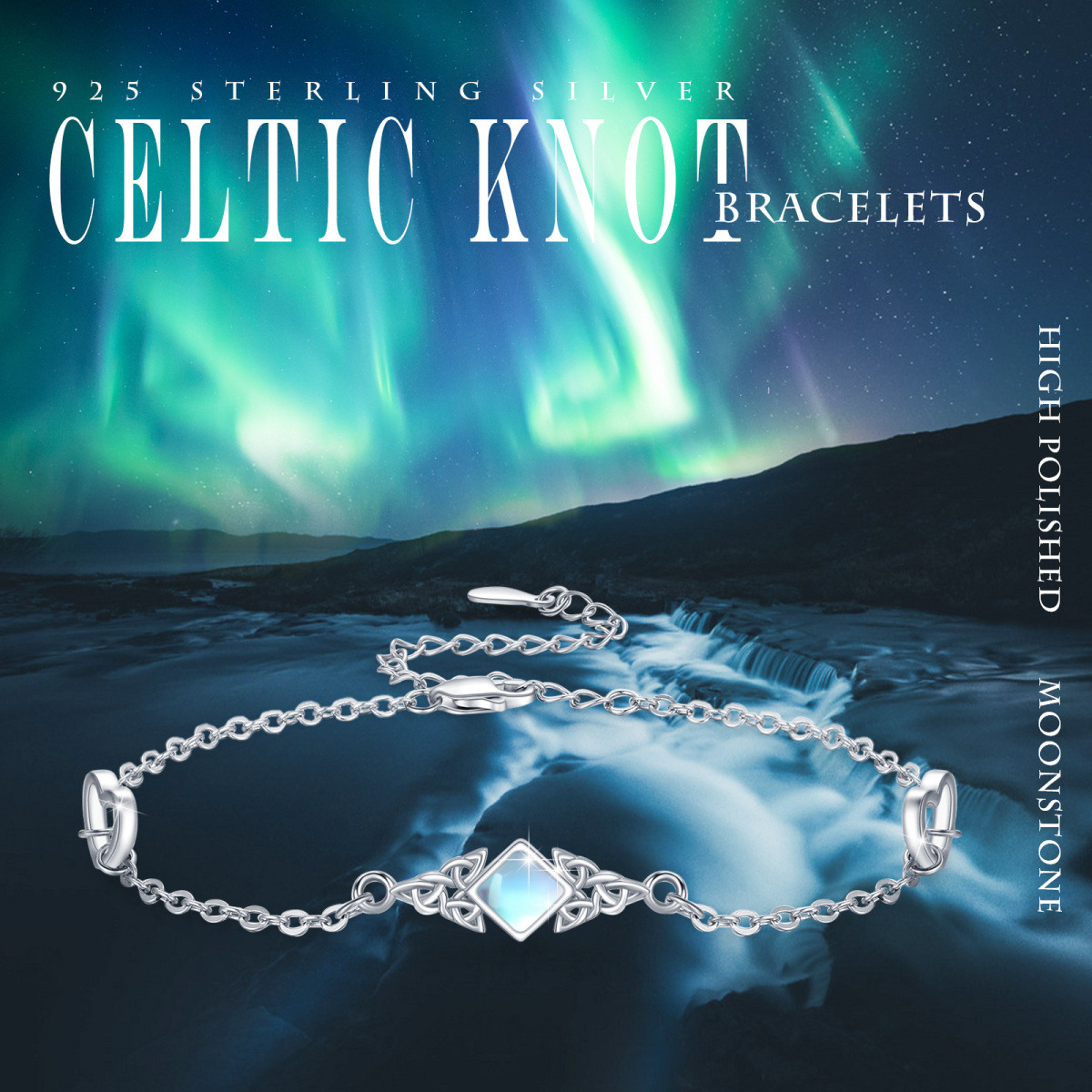 Sterling Silver Princess-square Shaped Moonstone Celtic Knot Pendant Bracelet-5