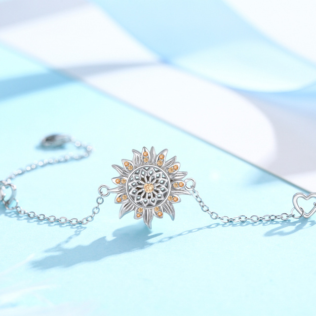 Sterling Silver Circular Shaped Cubic Zirconia Sunflower Pendant Bracelet-3