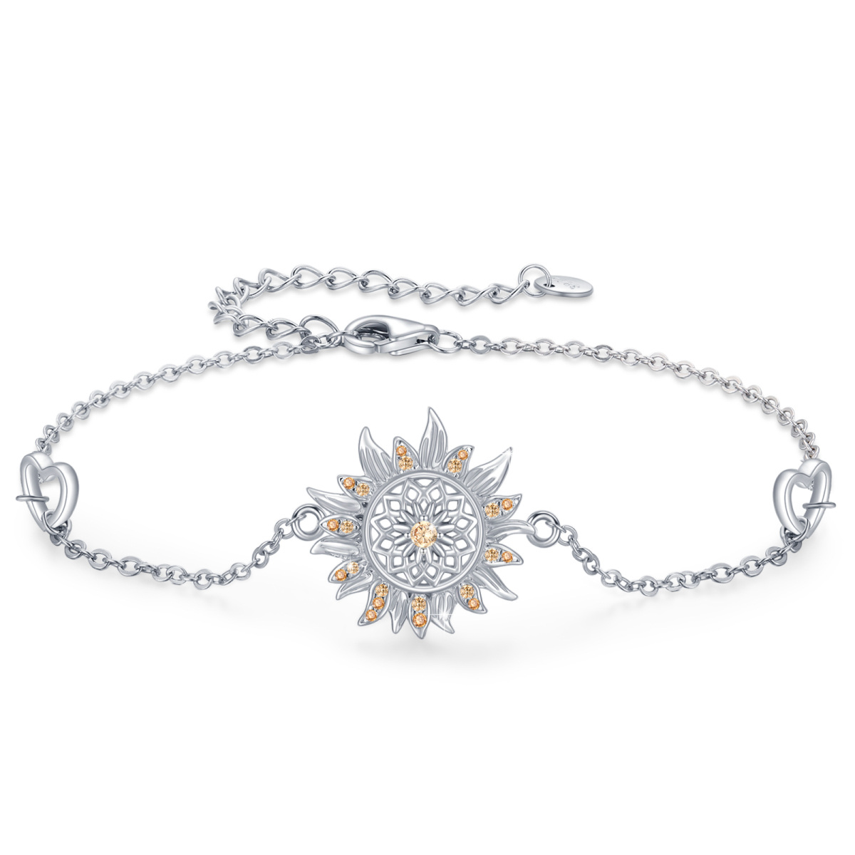 Sterling Silver Circular Shaped Cubic Zirconia Sunflower Pendant Bracelet-1