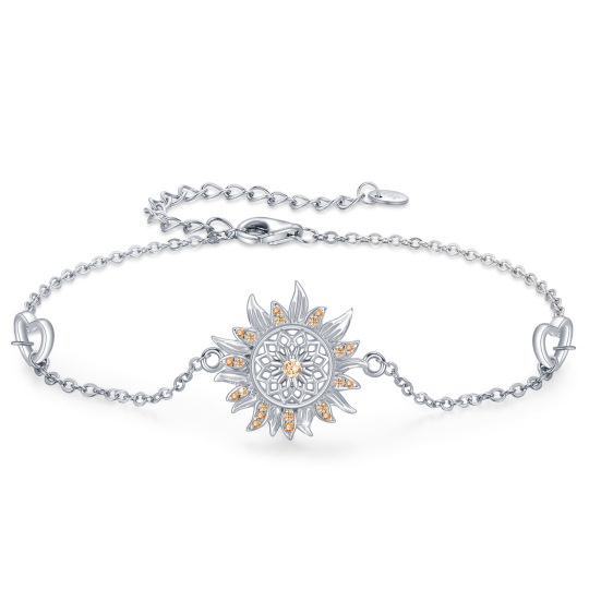 Sterling Silver Circular Shaped Cubic Zirconia Sunflower Pendant Bracelet
