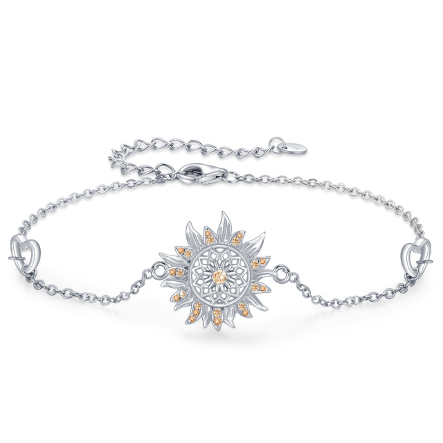 Sterling Silver Circular Shaped Cubic Zirconia Sunflower Pendant Bracelet-0