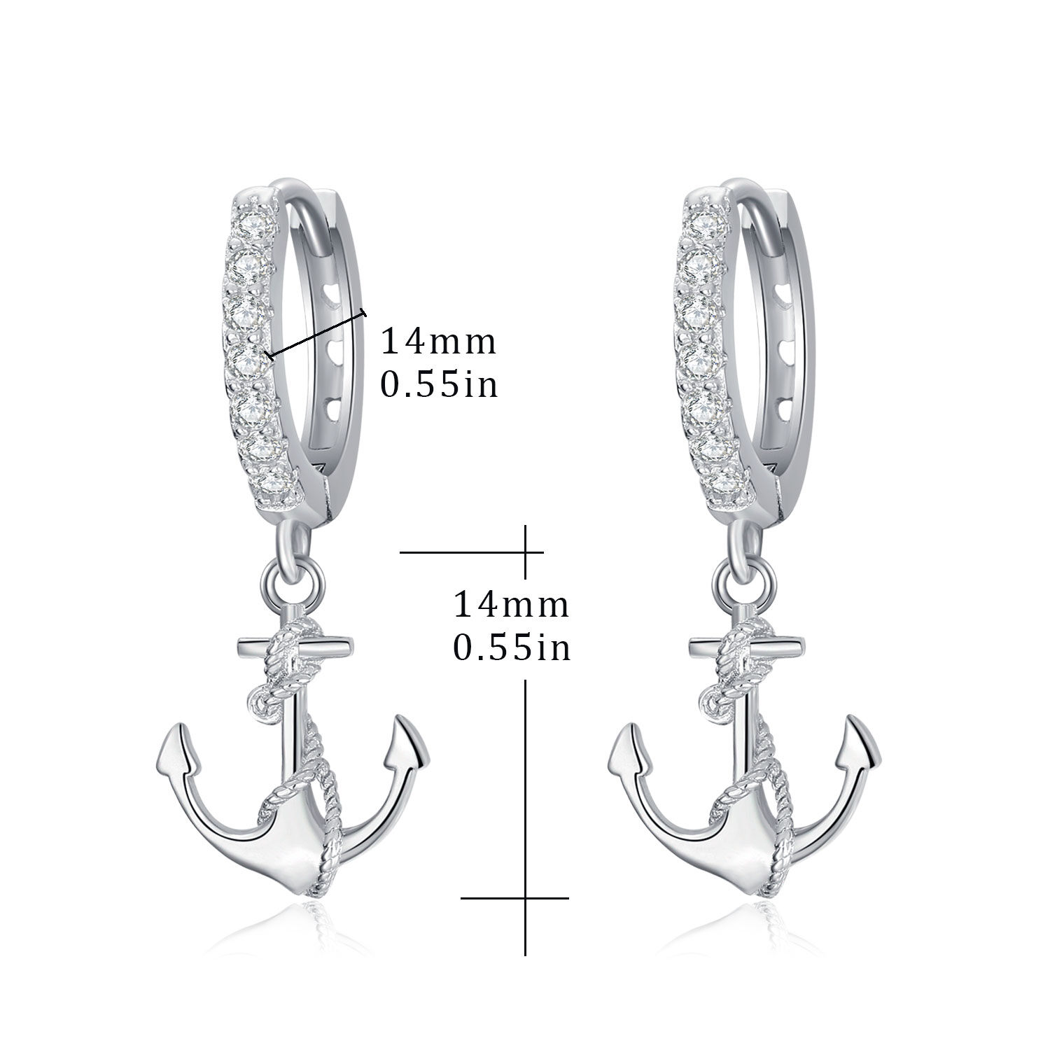 Sterling Silver Circular Shaped Cubic Zirconia Anchor Drop Earrings-4