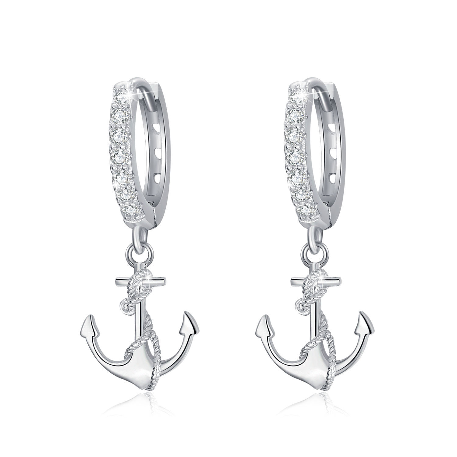 Sterling Silver Circular Shaped Cubic Zirconia Anchor Drop Earrings-1