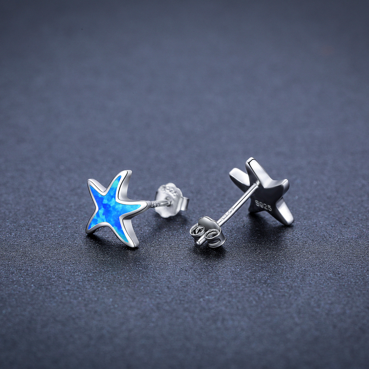 Sterling Silver Five-Pointed Star Shaped Opal Starfish Stud Earrings-3