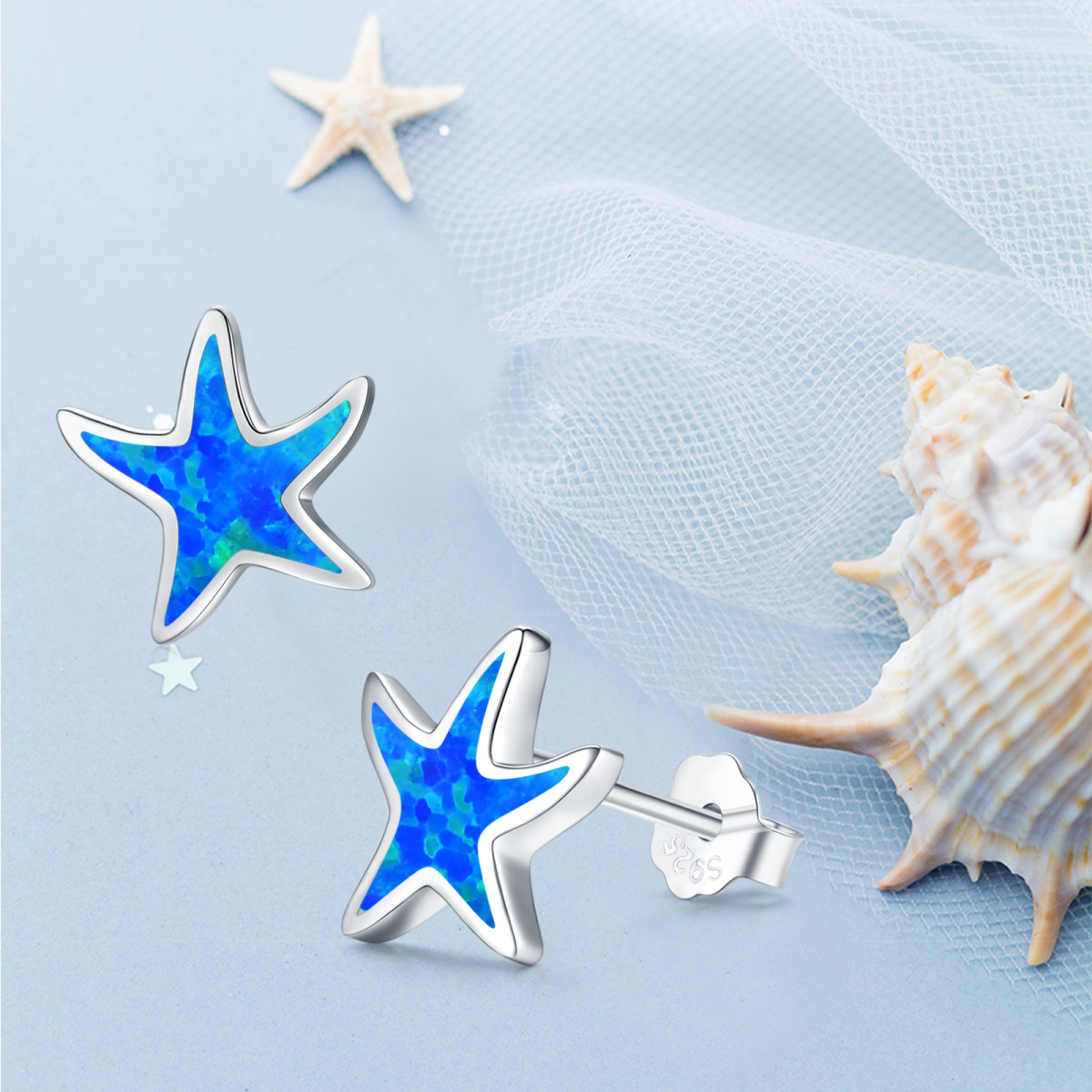 Boucles d'oreilles à tige en argent sterling avec opale et étoile de mer à cinq branches en forme d'étoile-4
