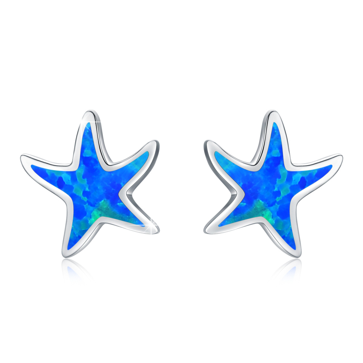 Sterling Silver Five-Pointed Star Shaped Opal Starfish Stud Earrings-1