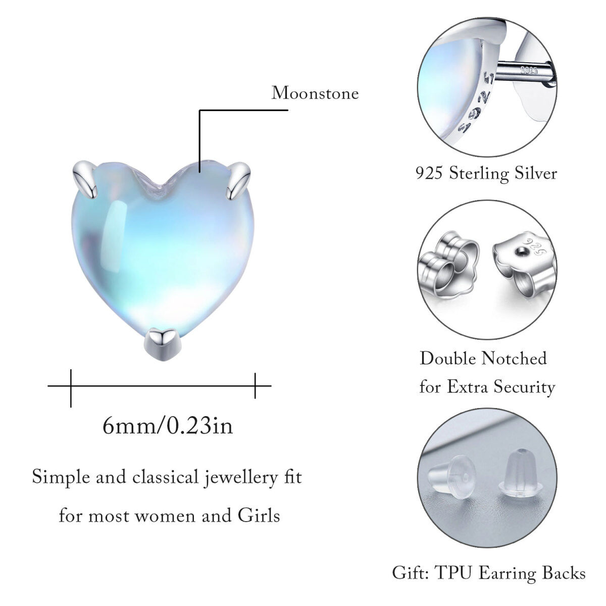 Sterling Silver Heart Moonstone Heart Stud Earrings-6