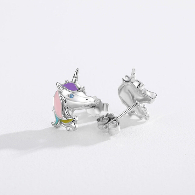 Sterling Silver Round Zircon Unicorn Stud Earrings-5