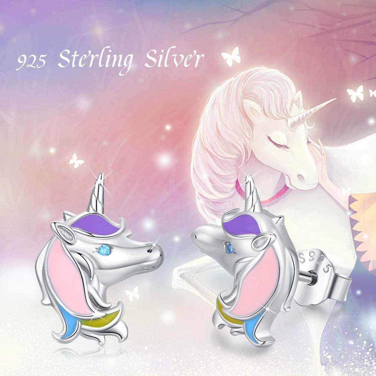 Sterling Silver Round Zircon Unicorn Stud Earrings-7