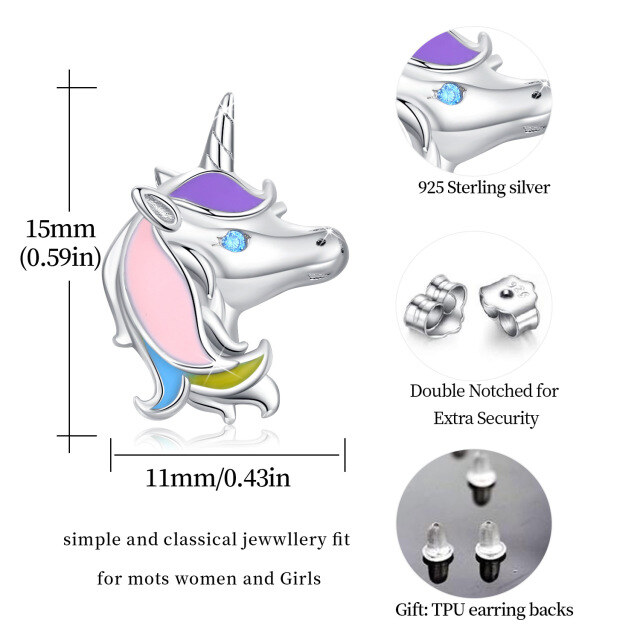 Sterling Silver Round Zircon Unicorn Stud Earrings-4