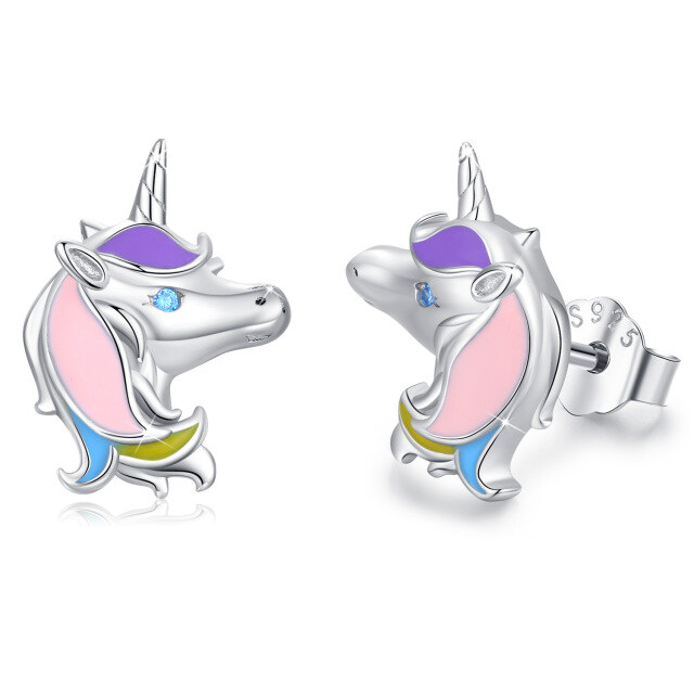 Sterling Silver Round Zircon Unicorn Stud Earrings-0