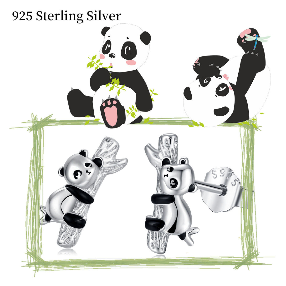 Sterling Silver Panda Stud Earrings-6