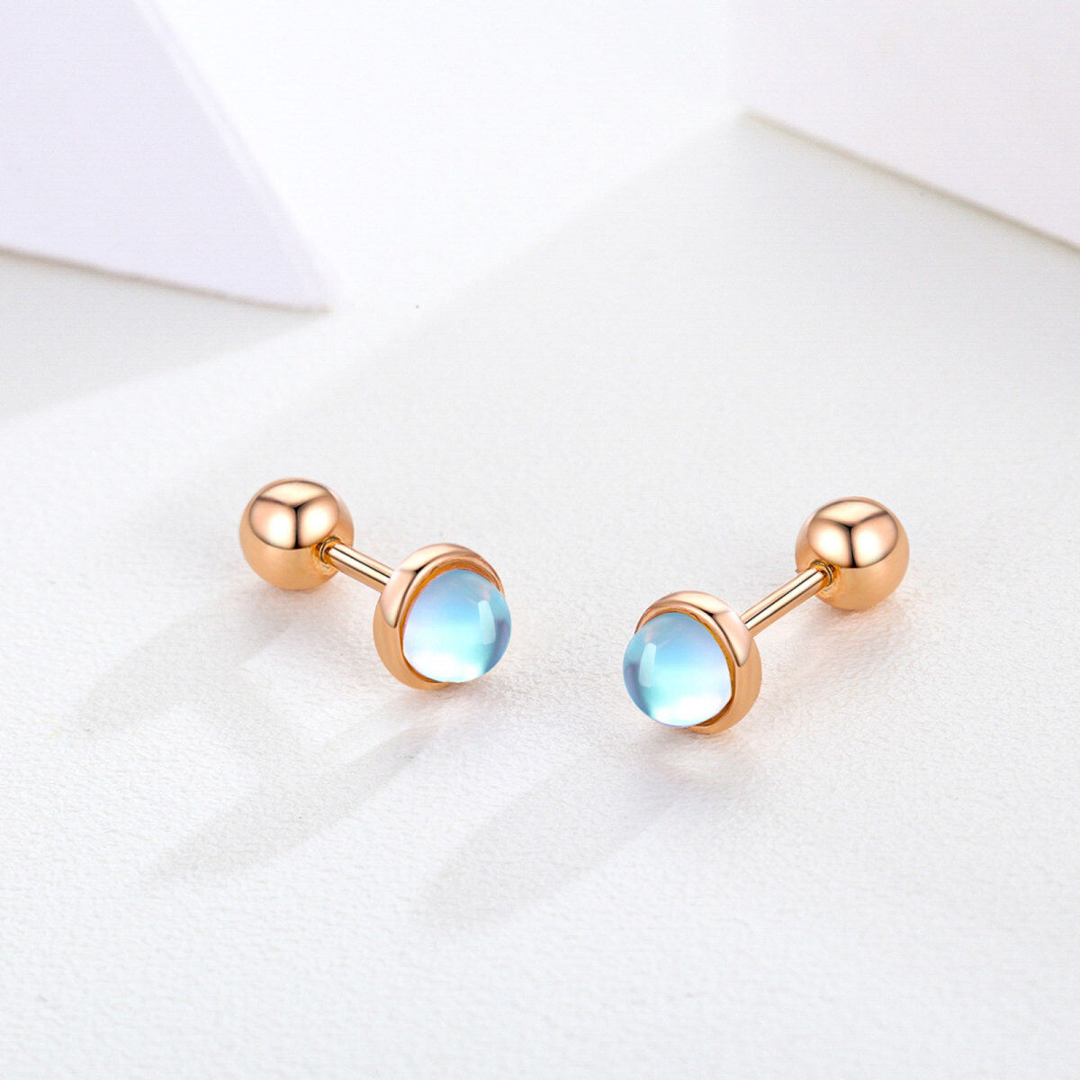 Sterling Silver with Rose Gold Plated Circular Shaped Moonstone Round Stud Earrings-4