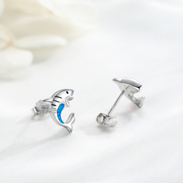 Sterling Silver Opal Shark Stud Earrings-5