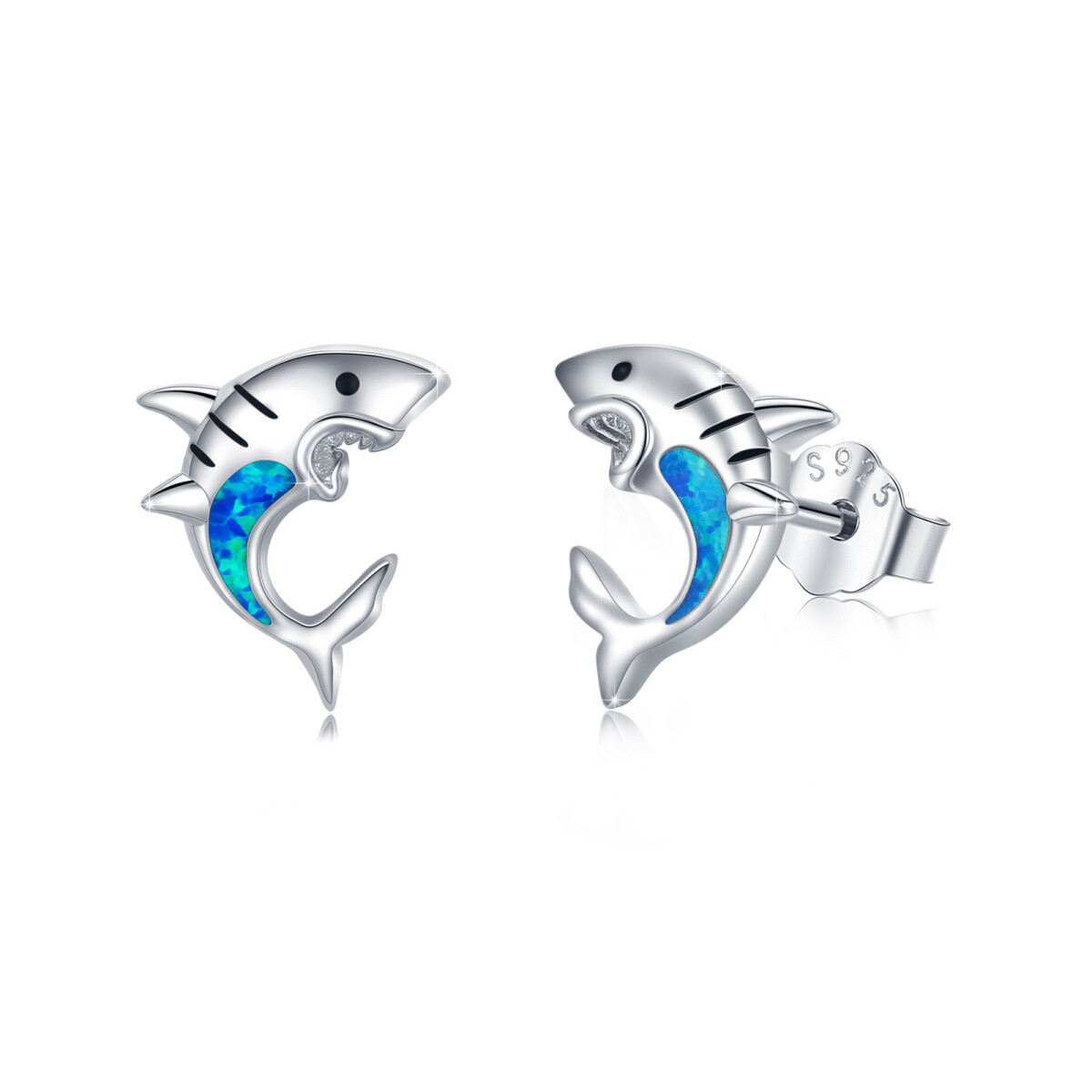 Sterling Silver Opal Shark Stud Earrings-1