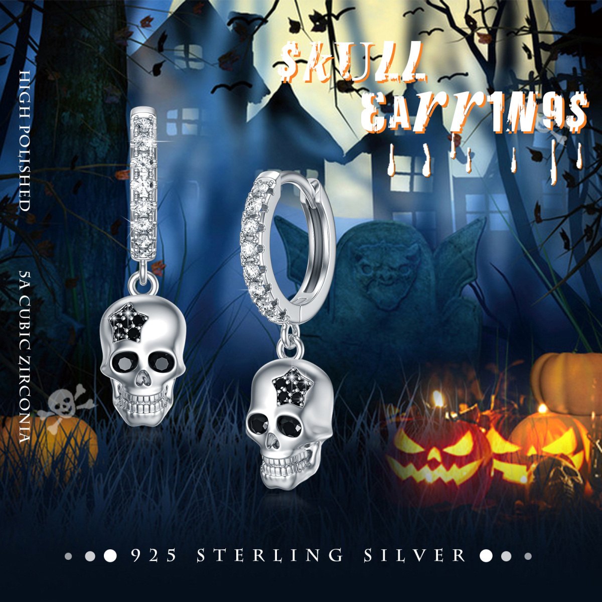 Sterling Silver Cubic Zirconia Skull Drop Earrings-6