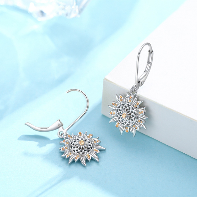 Sterling Silver Circular Shaped Cubic Zirconia Sunflower Lever-back Earrings-5