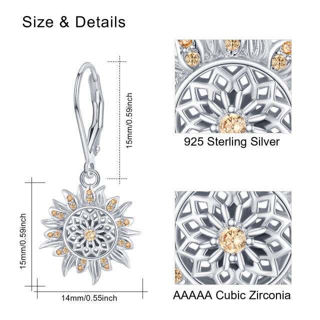 Sterling Silver Circular Shaped Cubic Zirconia Sunflower Lever-back Earrings-6