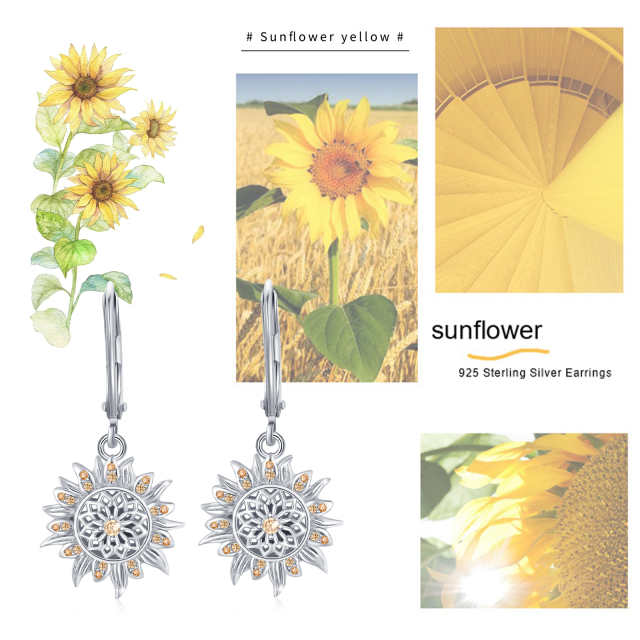 Sterling Silver Circular Shaped Cubic Zirconia Sunflower Lever-back Earrings-7