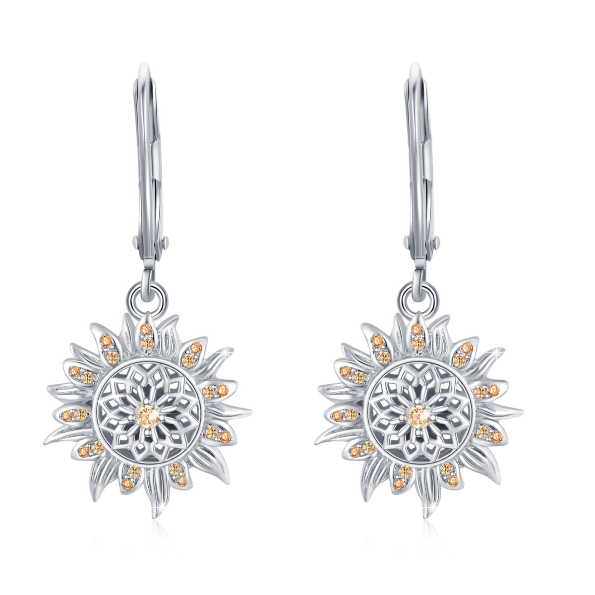 Sterling Silver Circular Shaped Cubic Zirconia Sunflower Lever-back Earrings-1