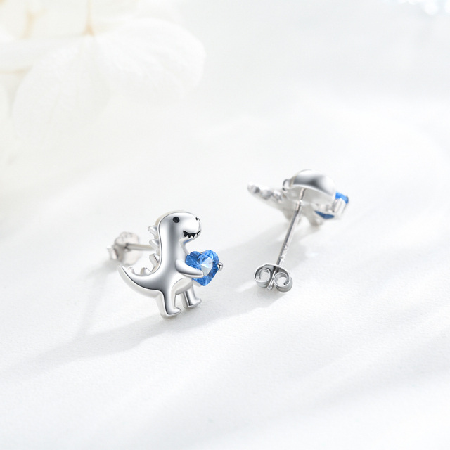 Sterling Silver Heart Cubic Zirconia Dinosaurs Stud Earrings-5