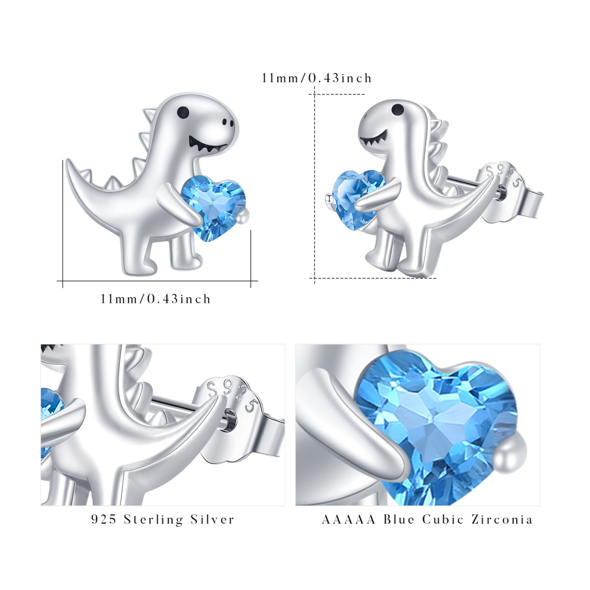Sterling Silver Heart Cubic Zirconia Dinosaurs Stud Earrings-7