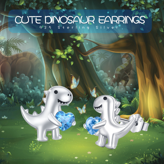 Sterling Silver Heart Cubic Zirconia Dinosaurs Stud Earrings-4