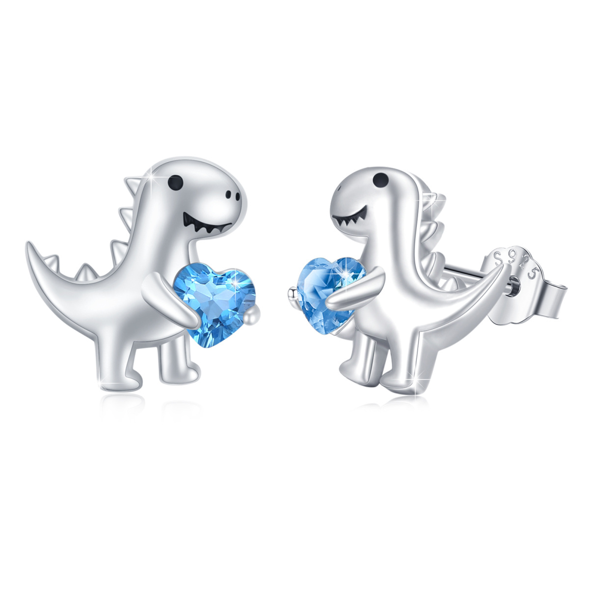 Sterling Silver Heart Cubic Zirconia Dinosaurs Stud Earrings-1